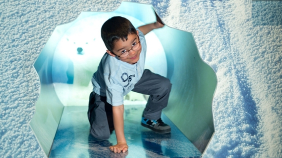 a child explores an exhibit at Artic Voices