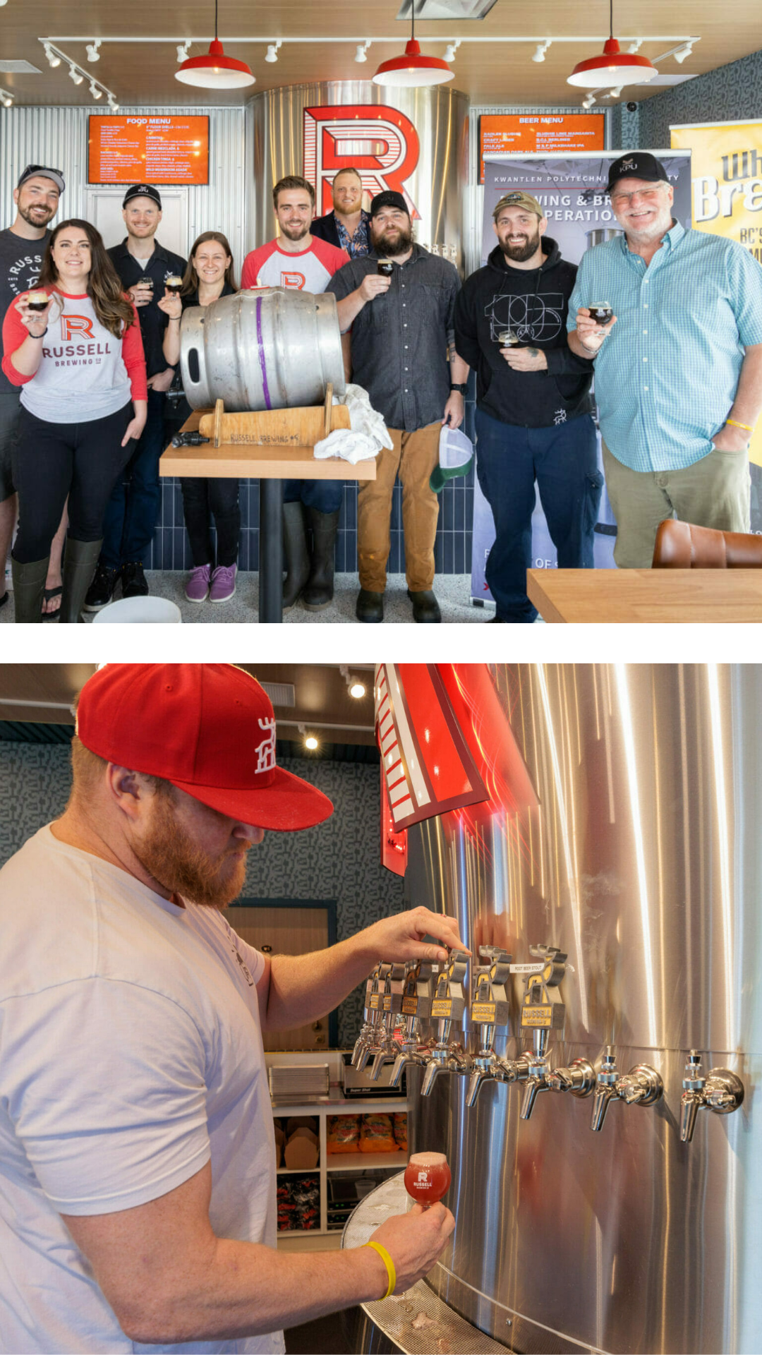 Two images of the Russell Brewing Team - the whole team and the marketing manager, Jimmy Darbyshire, pouring a beer in the tasting room
