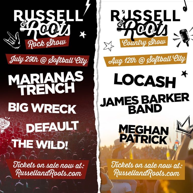 Show lineups for the 2023 Russell & Roots Concert Series - Rock Show July 29 and Country Show August 12